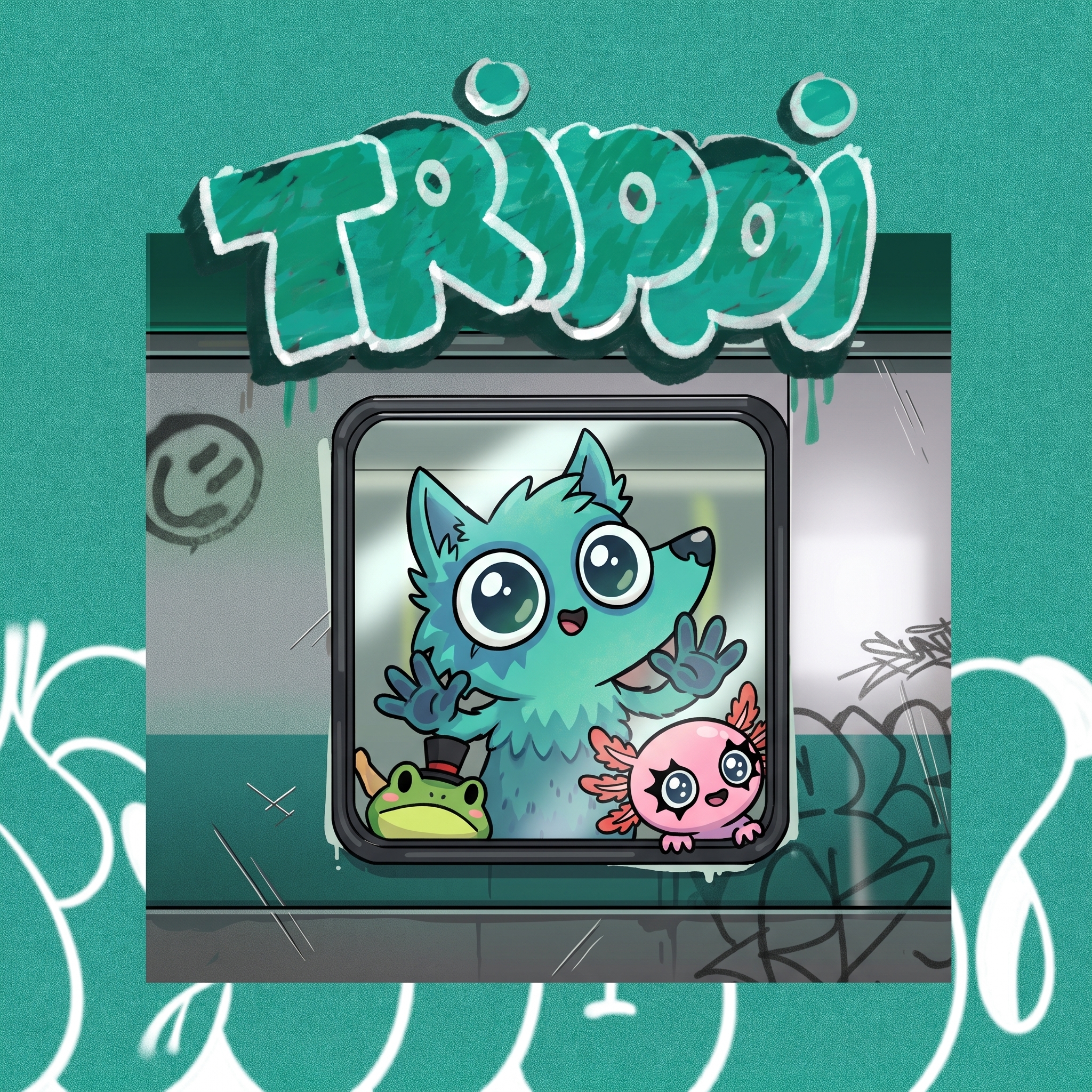 The Trippi crew waving from inside a subway car
